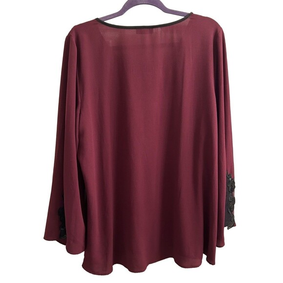 Alyx Women’s Burgundy Chiffon Top W/ Black Faux Leather Mesh Trim Sz 2X - Picture 2 of 5
